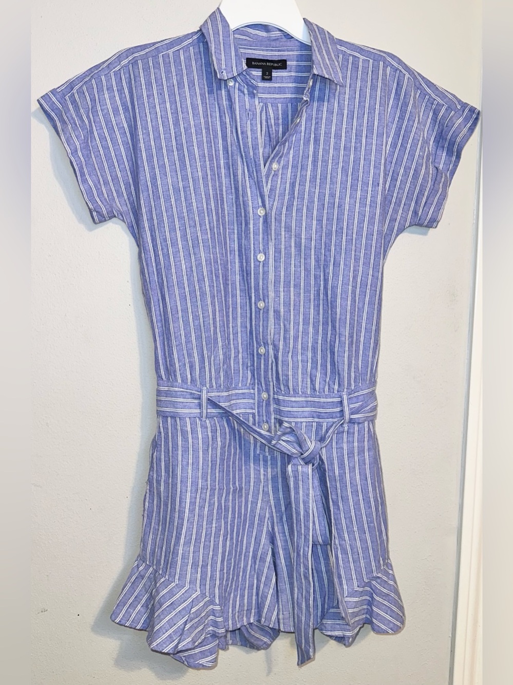 Banana Republic Blue Striped Button Romper with Tie Waist